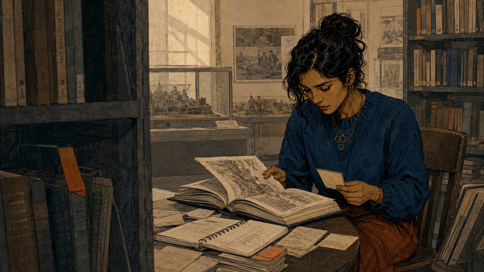 Samira Rahman porównuje książkę o folklorze z notatkami źródłowymi w bibliotece.